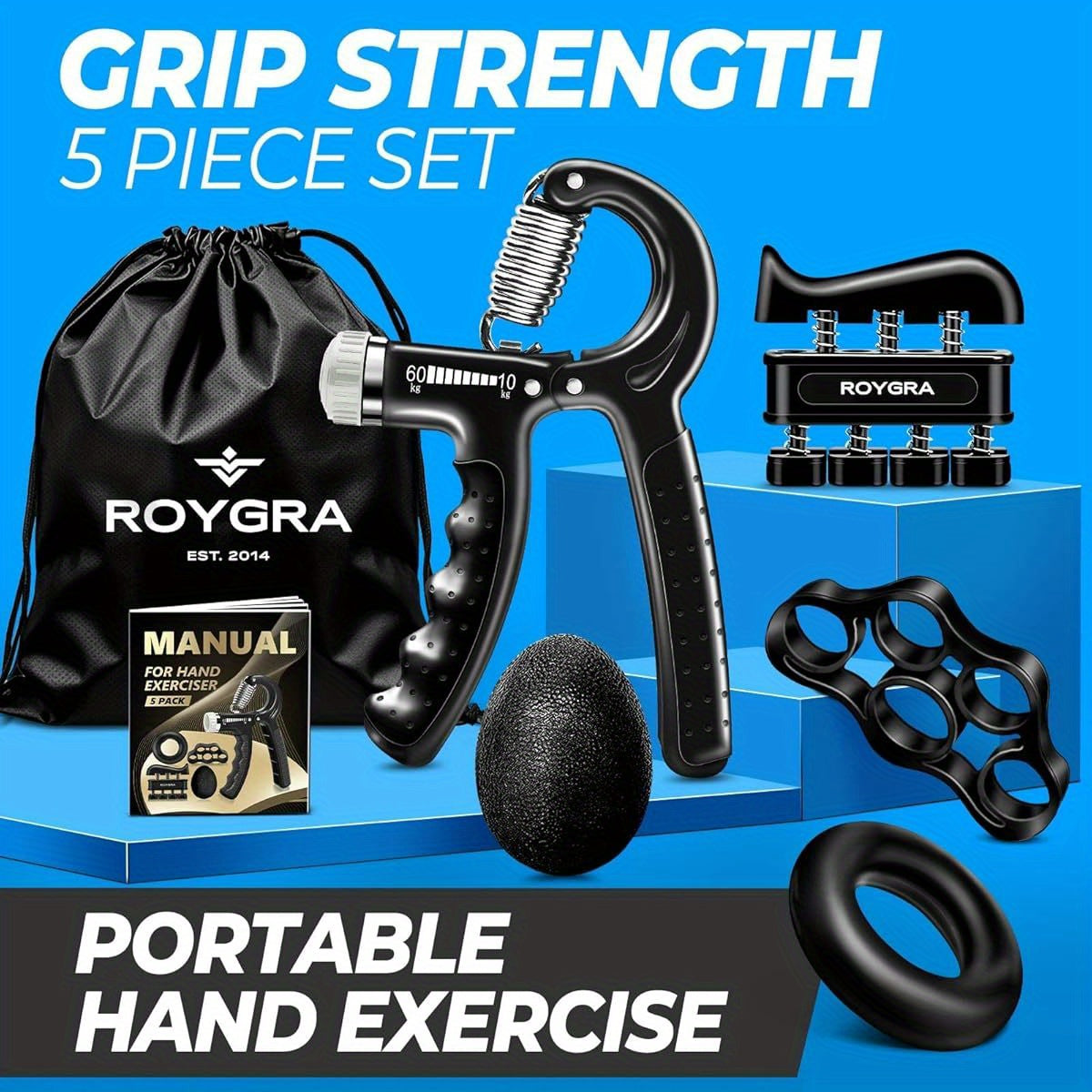 5-Pack Hand Grip Strengthener Kit - Adjustable Resistance Forearm Exerciser, Finger Stretcher & Stress Relief Grip Ball for Athletes, Durable Iron Construction, White/Black, Ideal for Sports Training & Relaxation
