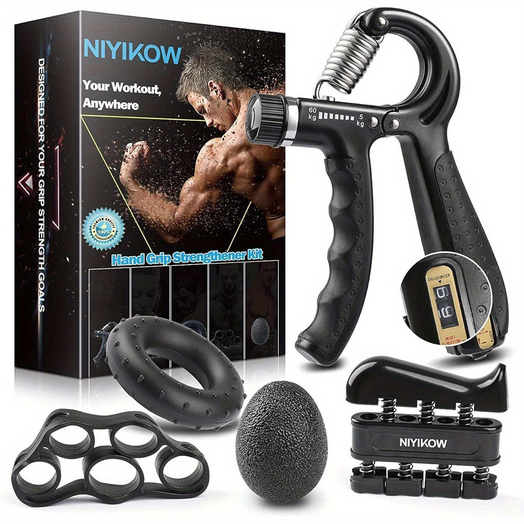 5-Pack Grip Strength Trainer Kit with Counter - Adjustable Hand Strengthener, Finger Exerciser, Stress Relief Ball & Carry Bag - Durable TPE & Stainless Steel, Ideal for Home Gym & Fitness Training, Home Gym Equipment|Adjustable Grip Trainer|Durable