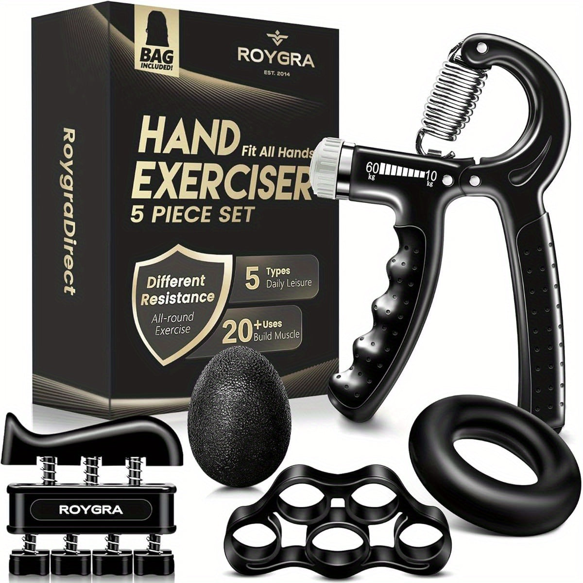 5-Pack Hand Grip Strengthener Kit - Adjustable Resistance Forearm Exerciser, Finger Stretcher & Stress Relief Grip Ball for Athletes, Durable Iron Construction, White/Black, Ideal for Sports Training & Relaxation