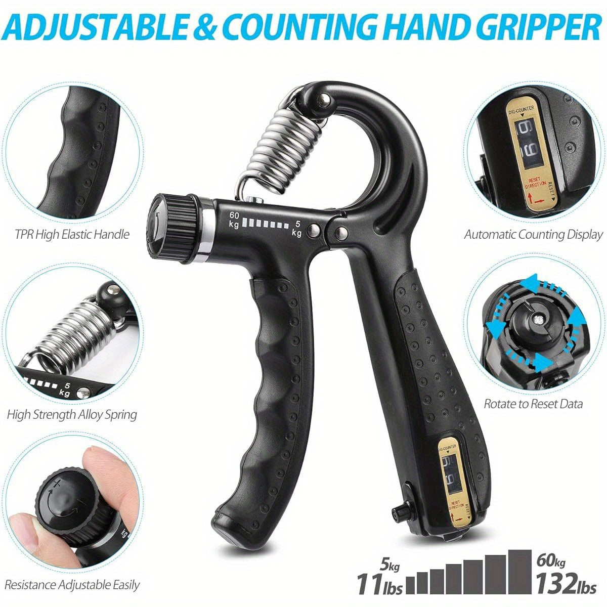 5-Pack Grip Strength Trainer Kit with Counter - Adjustable Hand Strengthener, Finger Exerciser, Stress Relief Ball & Carry Bag - Durable TPE & Stainless Steel, Ideal for Home Gym & Fitness Training, Home Gym Equipment|Adjustable Grip Trainer|Durable