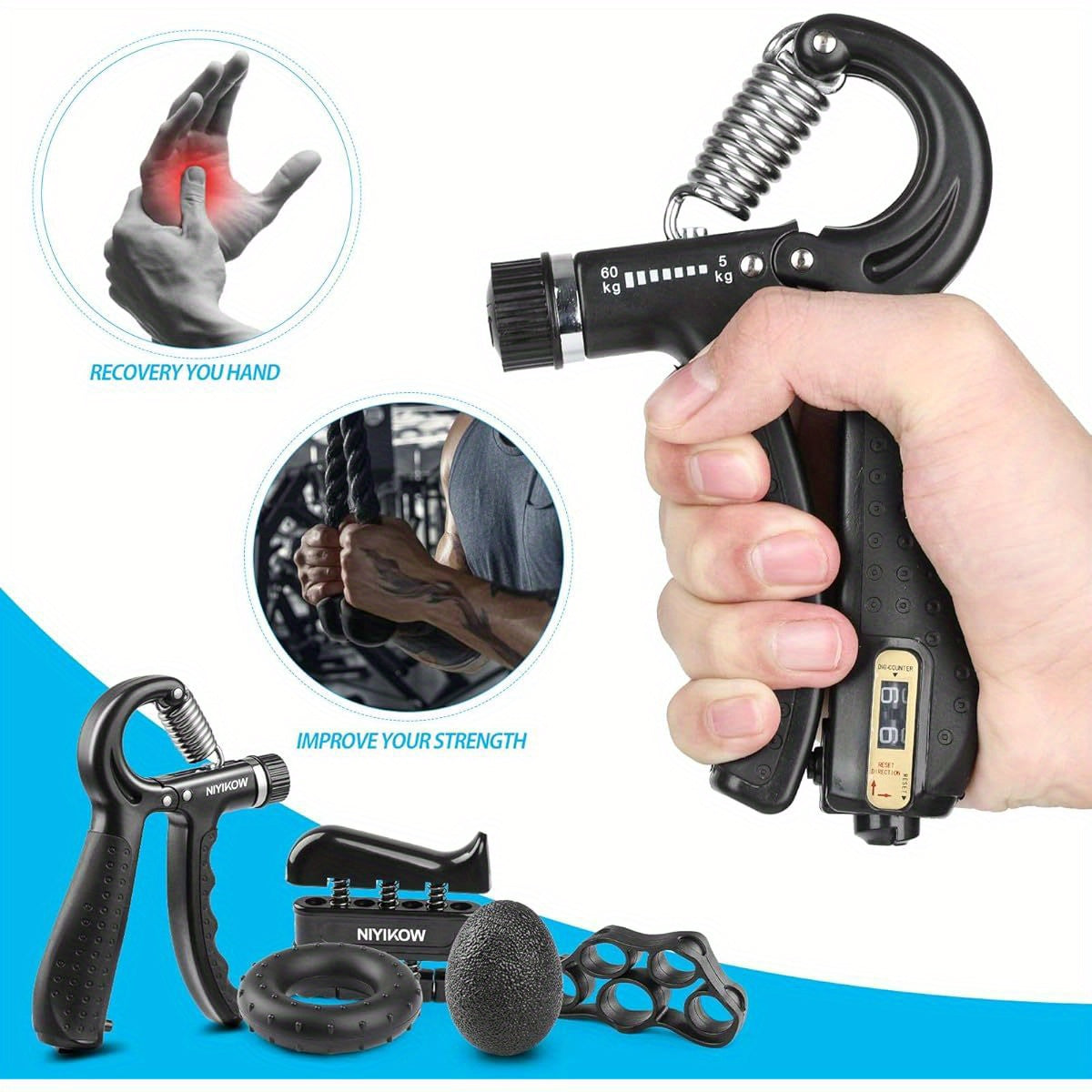 5-Pack Grip Strength Trainer Kit with Counter - Adjustable Hand Strengthener, Finger Exerciser, Stress Relief Ball & Carry Bag - Durable TPE & Stainless Steel, Ideal for Home Gym & Fitness Training, Home Gym Equipment|Adjustable Grip Trainer|Durable