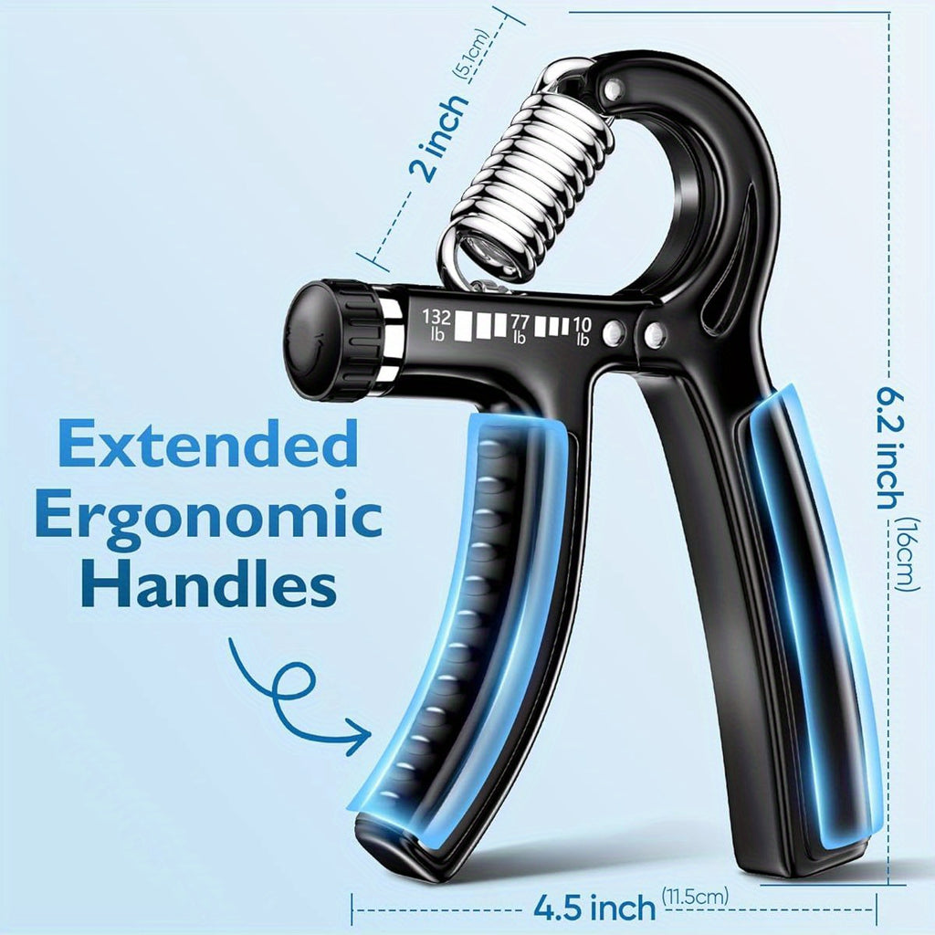 Adjustable Hand Grip Strengthener - 10-132 lbs Resistance, Ergonomic Design with Extended Handles & 2-Inch Grip, Ideal for Athletes & Physical Therapy, Black, Strength Training Gear, Sleek Metallic Finish, Durable Construction