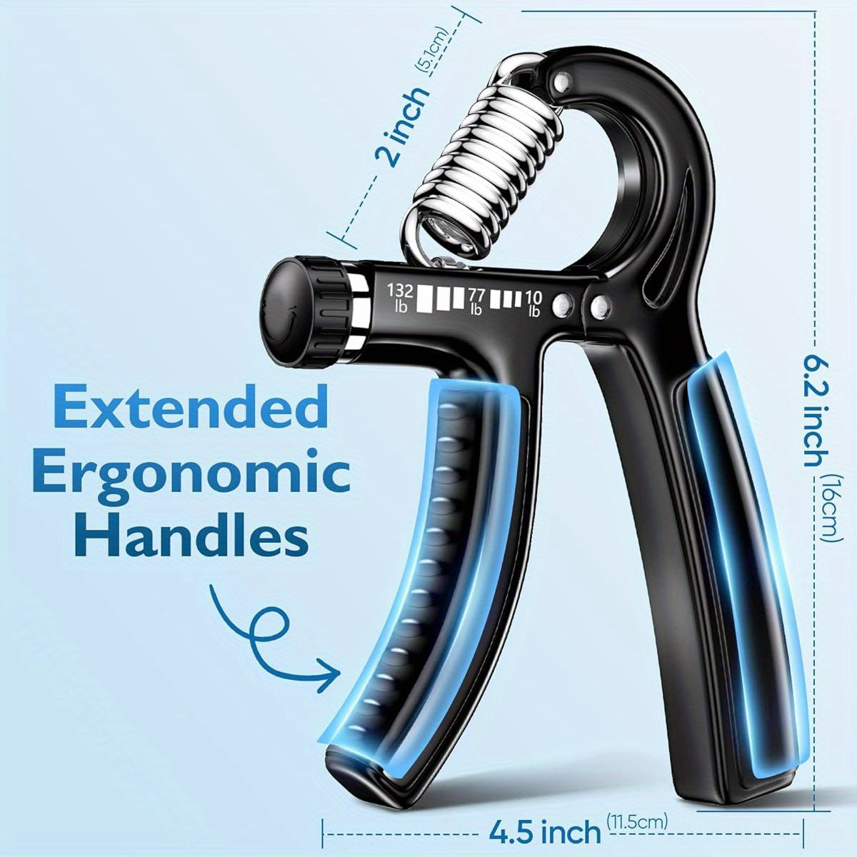 Adjustable Hand Grip Strengthener - 10-132 lbs Resistance, Ergonomic Design with Extended Handles & 2-Inch Grip, Ideal for Athletes & Physical Therapy, Black, Strength Training Gear, Sleek Metallic Finish, Durable Construction