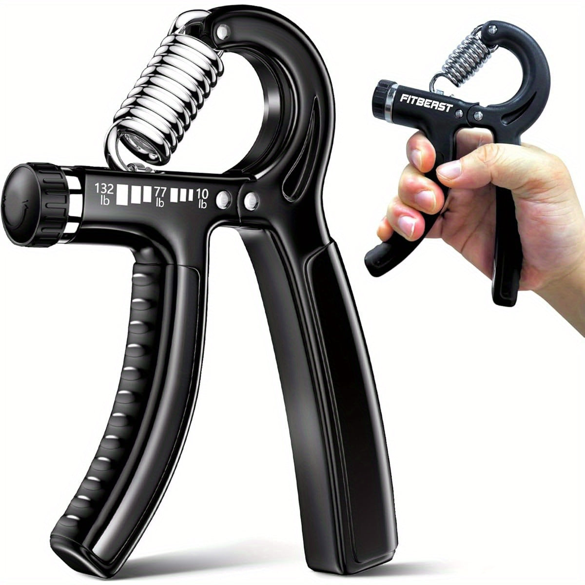Adjustable Hand Grip Strengthener - 10-132 lbs Resistance, Ergonomic Design with Extended Handles & 2-Inch Grip, Ideal for Athletes & Physical Therapy, Black, Strength Training Gear, Sleek Metallic Finish, Durable Construction